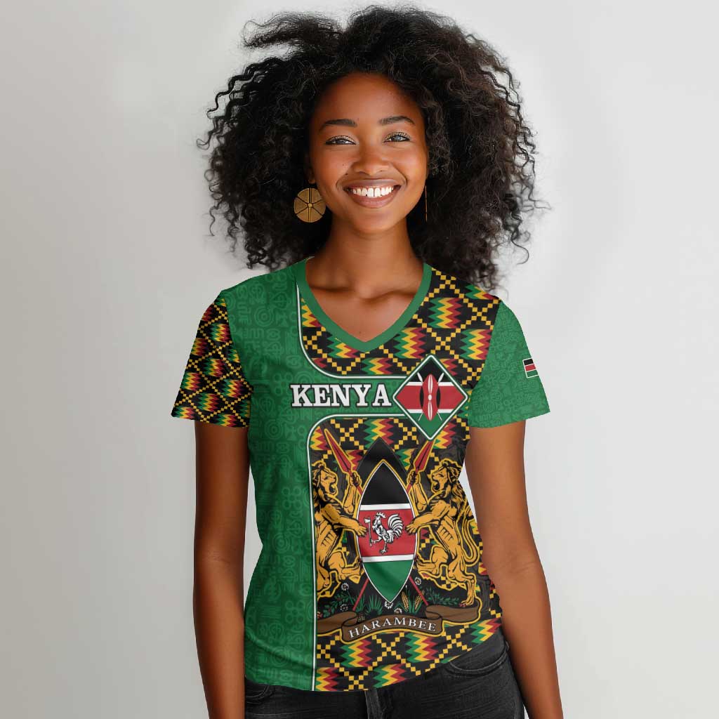 Kenya Women V-Neck T-Shirt - Kente Pattern, Coat Of Arms Design