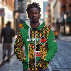 Kenya Zip Hoodie - Kente Pattern, Coat Of Arms Design