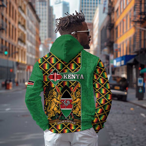 Kenya Zip Hoodie - Kente Pattern, Coat Of Arms Design