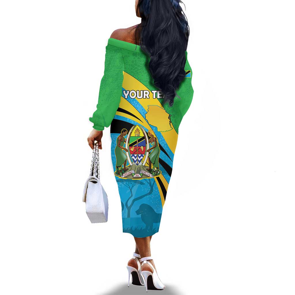 Personalized Tanzania Uhuru Day Off The Shoulder Long Sleeve Dress Coat Of Arms - Sports Style - African Pride