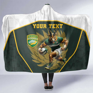 South Africa Rugby Personalised Hooded Blanket Springboks Mascot With King Protea -  African Pattern