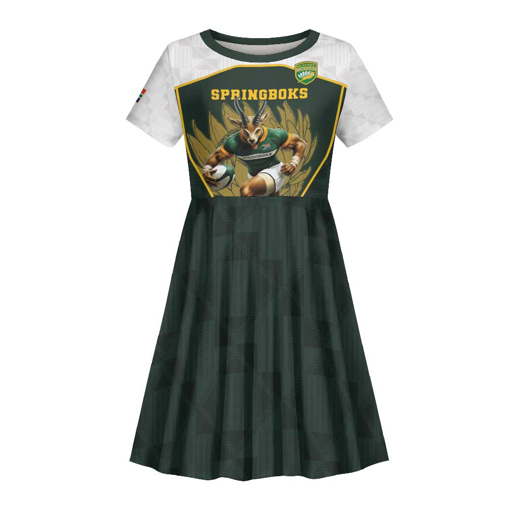 South Africa Rugby Personalised Kid Short Sleeve Dress Springboks Mascot With King Protea -  African Pattern