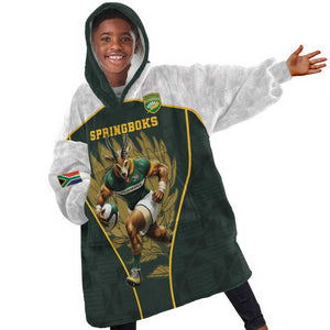 South Africa Rugby Personalised Kid Wearable Blanket Hoodie Springboks Mascot With King Protea -  African Pattern