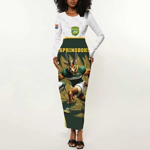 South Africa Rugby Personalised Long Sleeve Bodycon Dress Springboks Mascot With King Protea -  African Pattern