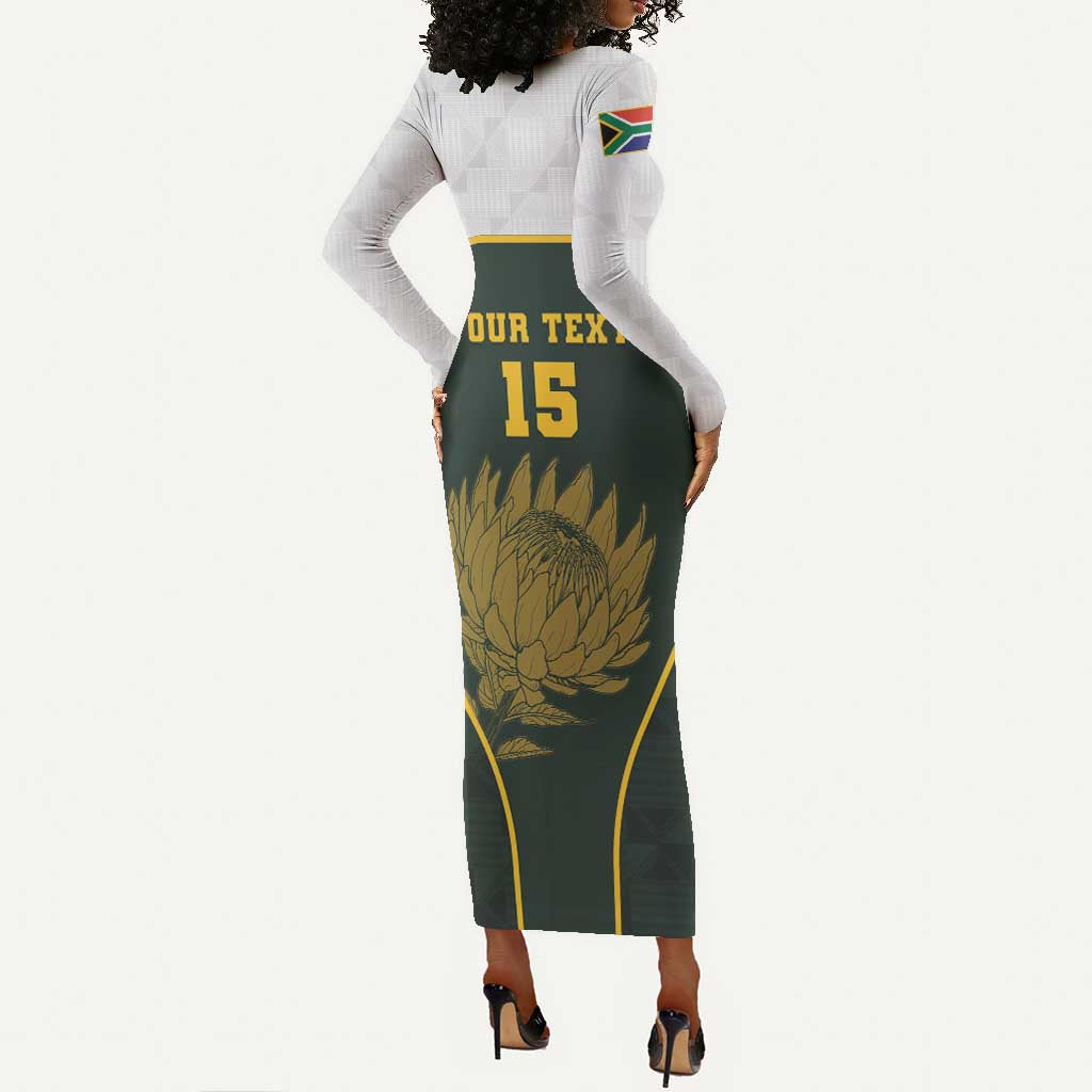 South Africa Rugby Personalised Long Sleeve Bodycon Dress Springboks Mascot With King Protea - African Pattern LT15