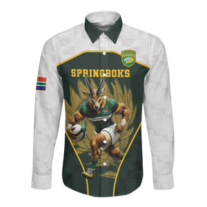 South Africa Rugby Personalised Long Sleeve Button Shirt Springboks Mascot With King Protea -  African Pattern