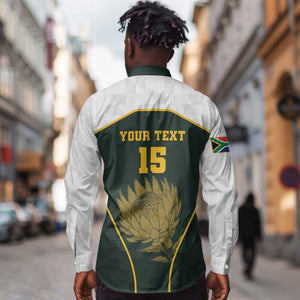 South Africa Rugby Personalised Long Sleeve Button Shirt Springboks Mascot With King Protea -  African Pattern