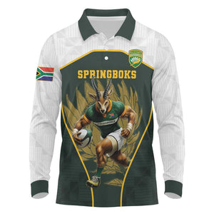 South Africa Rugby Personalised Long Sleeve Polo Shirt Springboks Mascot With King Protea -  African Pattern