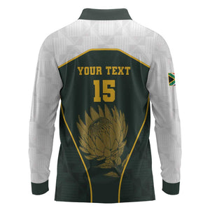 South Africa Rugby Personalised Long Sleeve Polo Shirt Springboks Mascot With King Protea -  African Pattern