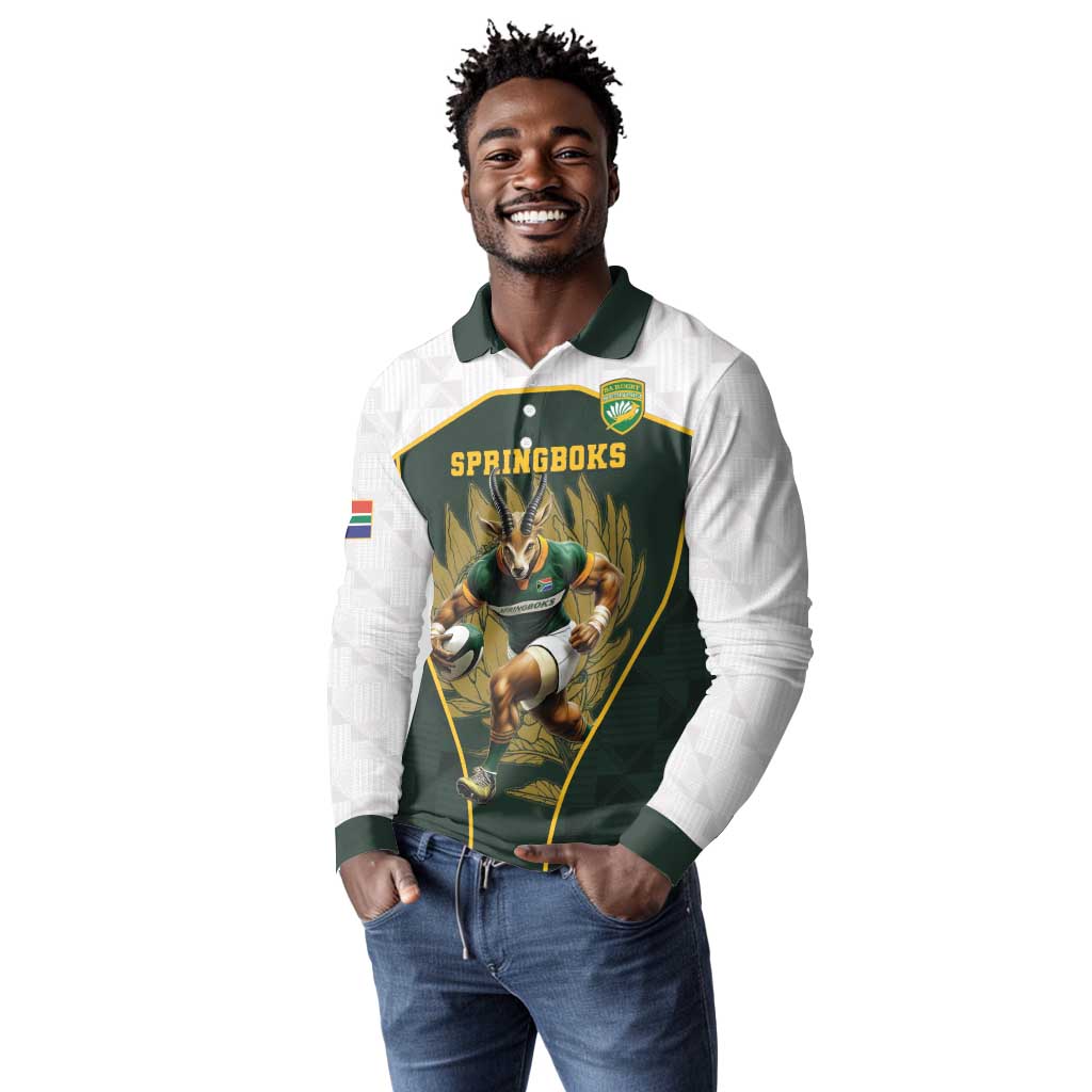 South Africa Rugby Personalised Long Sleeve Polo Shirt Springboks Mascot With King Protea -  African Pattern