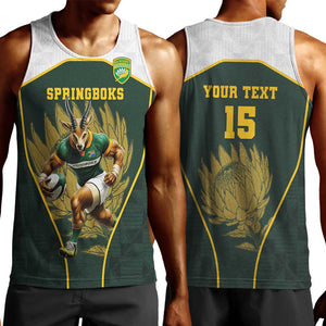 South Africa Rugby Personalised Men Tank Top Springboks Mascot With King Protea -  African Pattern