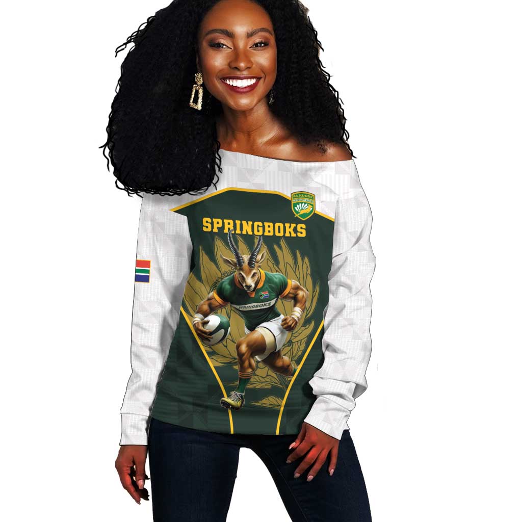 South Africa Rugby Personalised Off Shoulder Sweater Springboks Mascot With King Protea -  African Pattern