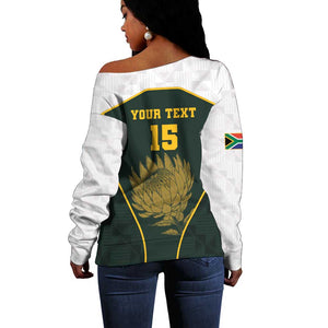 South Africa Rugby Personalised Off Shoulder Sweater Springboks Mascot With King Protea -  African Pattern