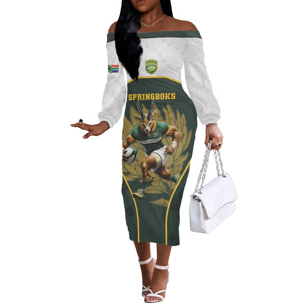 South Africa Rugby Personalised Off The Shoulder Long Sleeve Dress Springboks Mascot With King Protea -  African Pattern