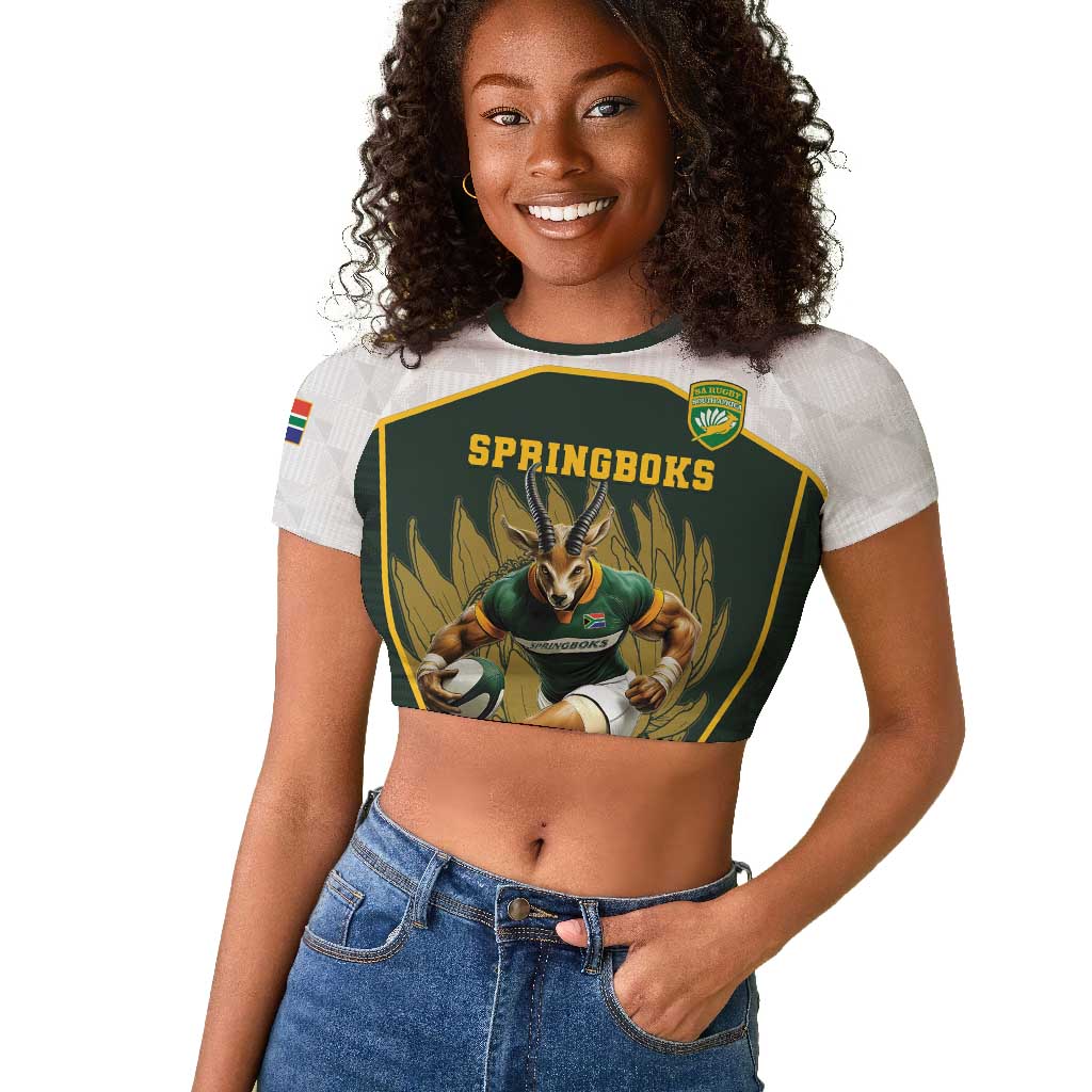 South Africa Rugby Personalised Raglan Cropped T shirt Springboks Mascot With King Protea -  African Pattern