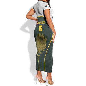 South Africa Rugby Personalised Short Sleeve Bodycon Dress Springboks Mascot With King Protea -  African Pattern