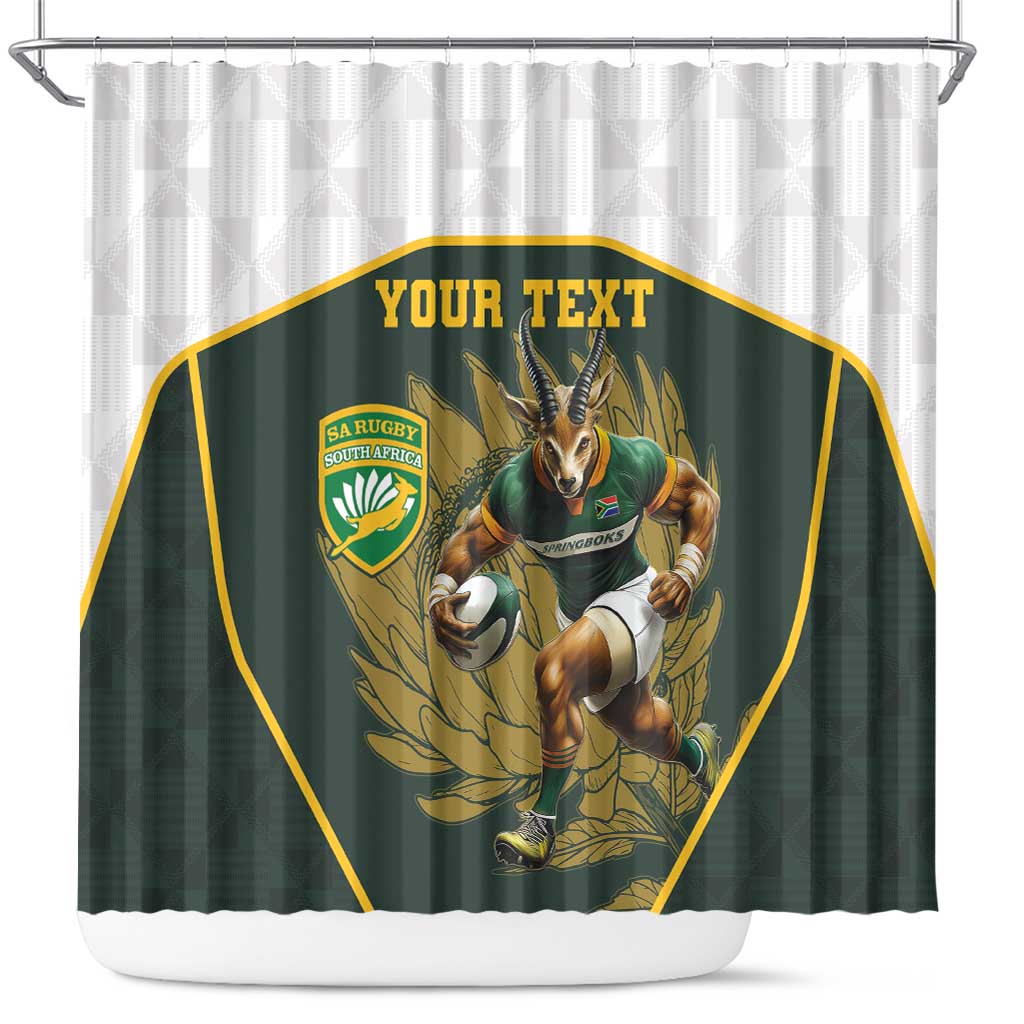 South Africa Rugby Personalised Shower Curtain Springboks Mascot With King Protea -  African Pattern