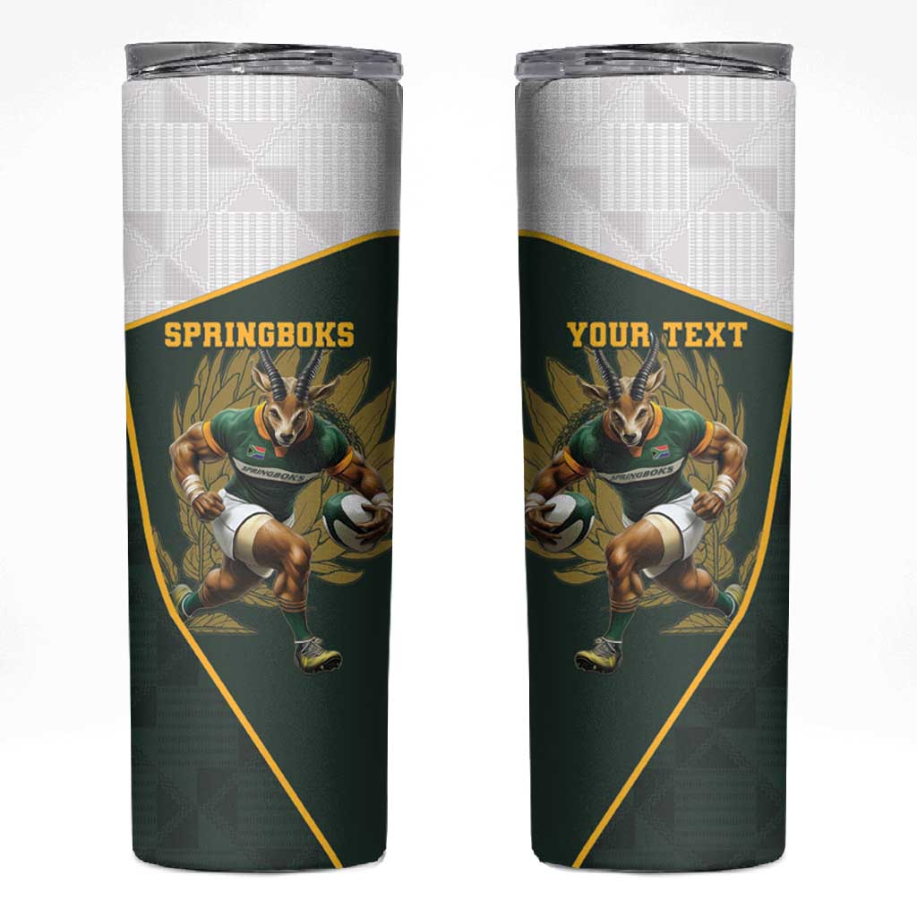 South Africa Rugby Personalised Skinny Tumbler Springboks Mascot With King Protea -  African Pattern