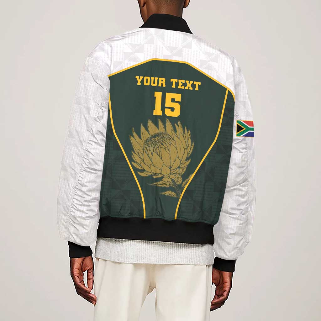 South Africa Rugby Personalised Sleeve Zip Bomber Jacket Springboks Mascot With King Protea -  African Pattern