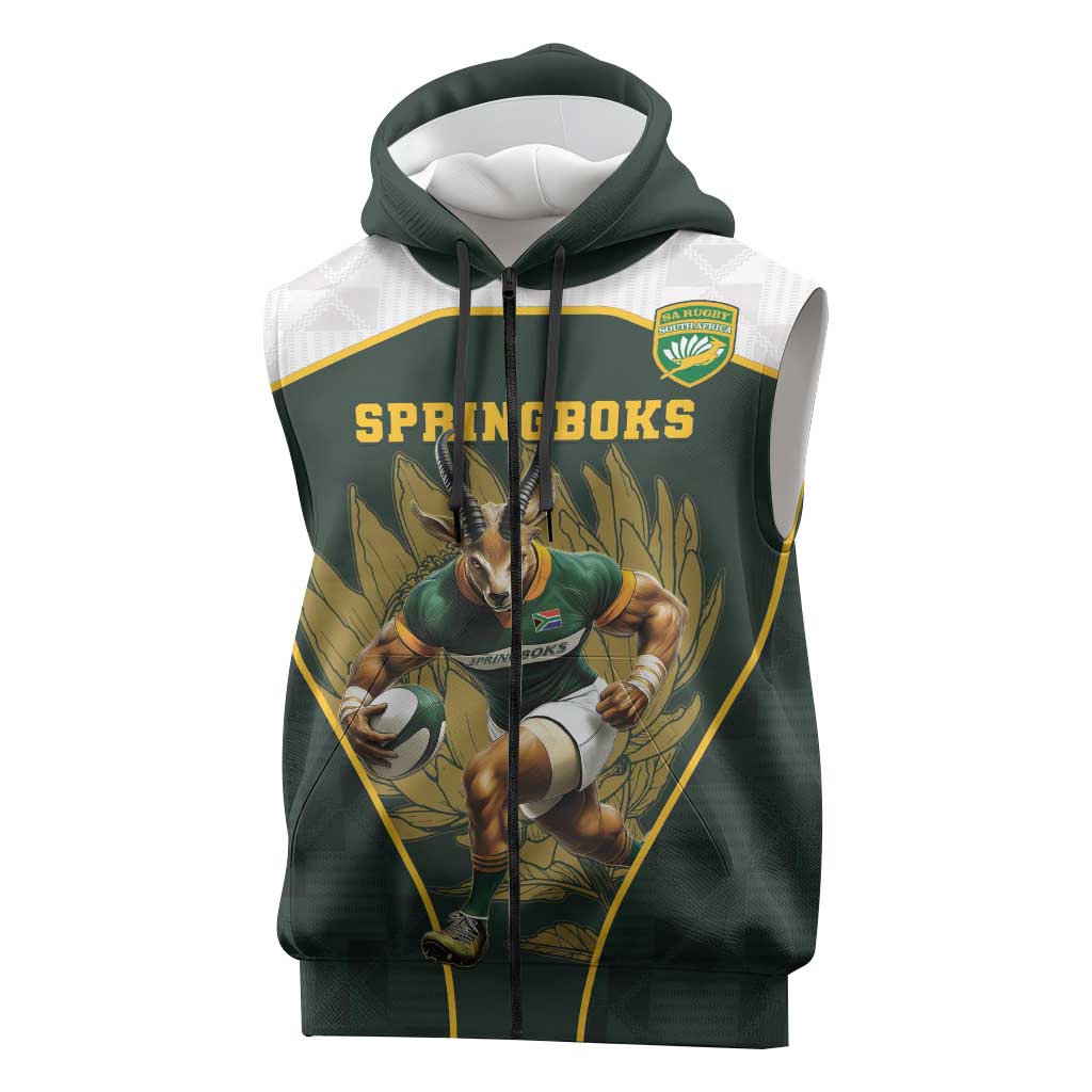 South Africa Rugby Personalised Sleeveless Zip Hoodie Springboks Mascot With King Protea -  African Pattern - African Pride