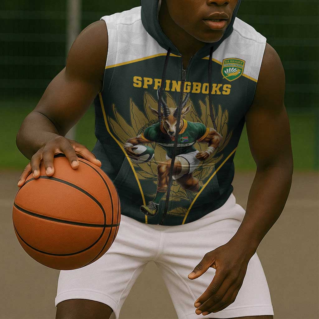 South Africa Rugby Personalised Sleeveless Zip Hoodie Springboks Mascot With King Protea -  African Pattern - African Pride
