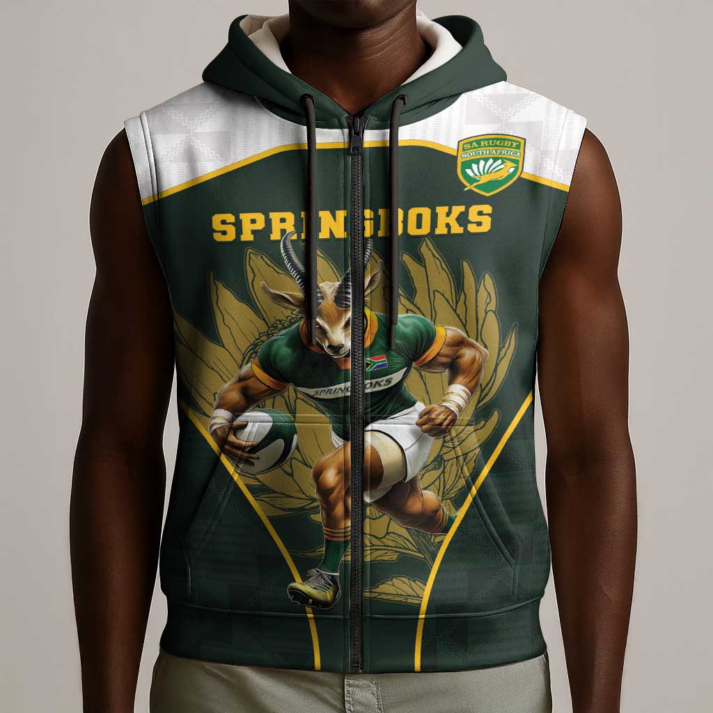 South Africa Rugby Personalised Sleeveless Zip Hoodie Springboks Mascot With King Protea -  African Pattern - African Pride