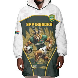 South Africa Rugby Personalised Wearable Blanket Hoodie Springboks Mascot With King Protea -  African Pattern