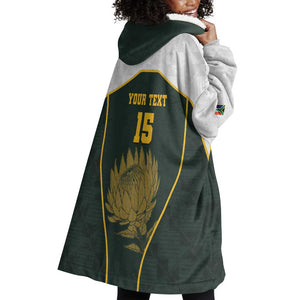 South Africa Rugby Personalised Wearable Blanket Hoodie Springboks Mascot With King Protea -  African Pattern