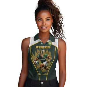 South Africa Rugby Personalised Women Sleeveless Polo Shirt Springboks Mascot With King Protea -  African Pattern