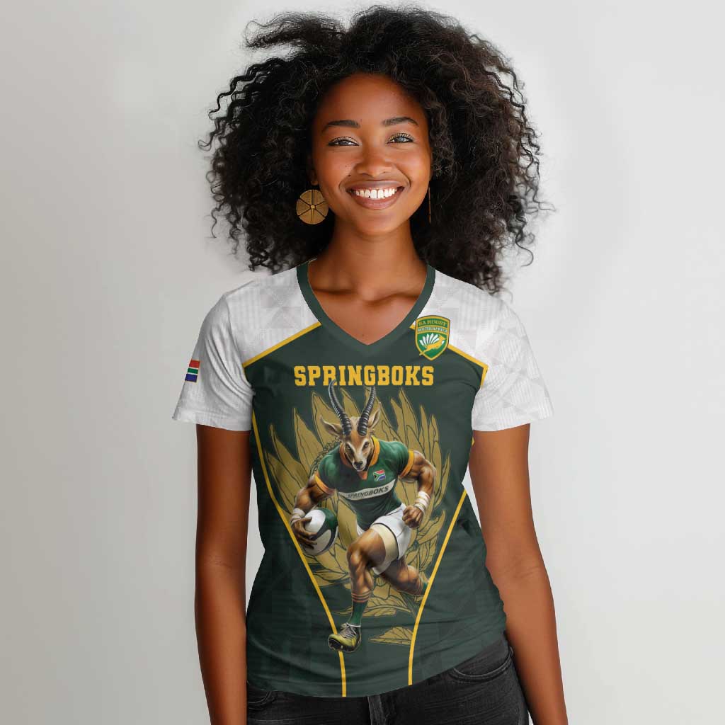 South Africa Rugby Personalised Women V-Neck T-Shirt Springboks Mascot With King Protea -  African Pattern