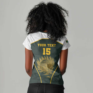 South Africa Rugby Personalised Women V-Neck T-Shirt Springboks Mascot With King Protea -  African Pattern