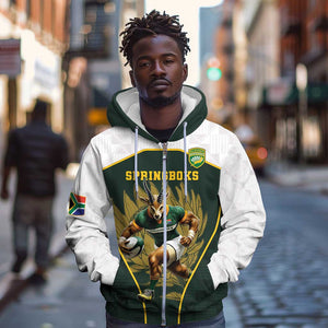 South Africa Rugby Personalised Zip Hoodie Springboks Mascot With King Protea -  African Pattern