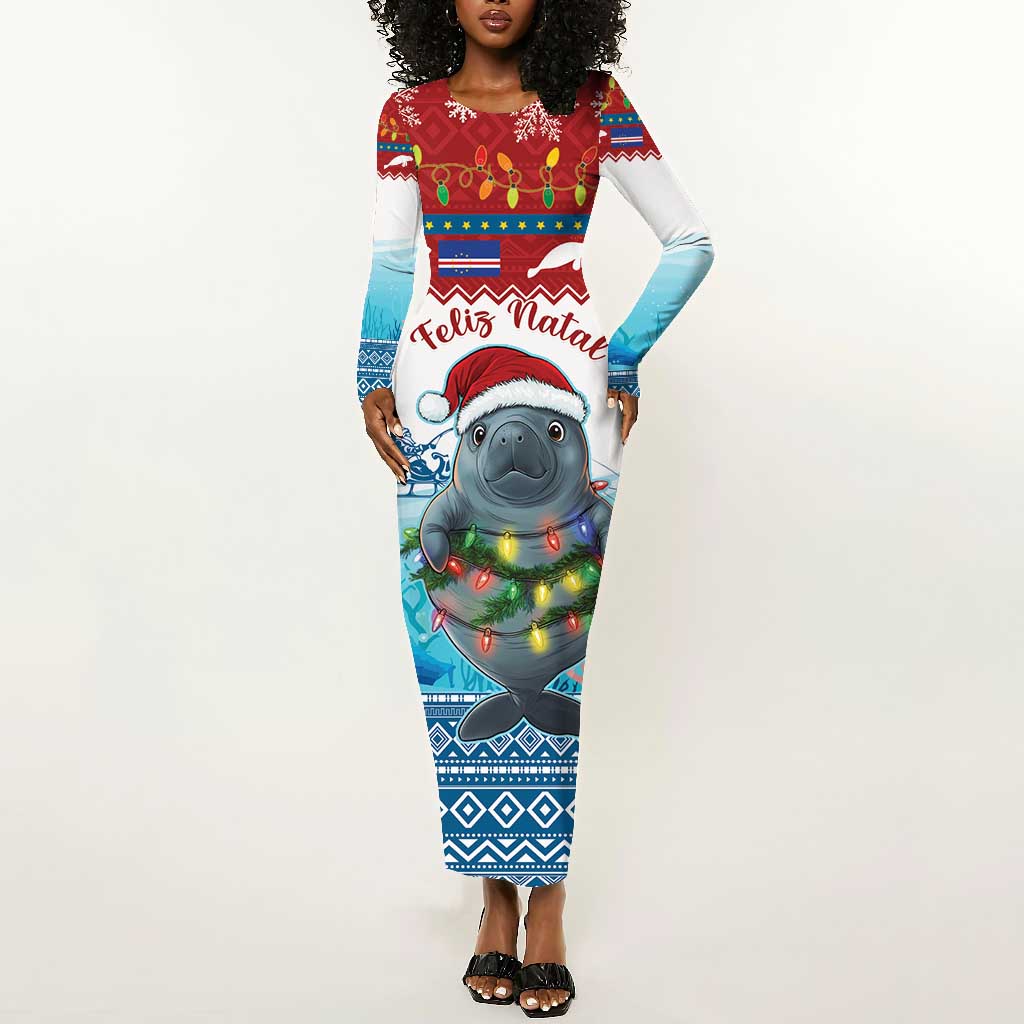 Personalised Cape Verde Christmas Long Sleeve Bodycon Dress Manatee Feliz Natal