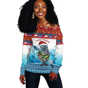 Personalised Cape Verde Christmas Off Shoulder Sweater Manatee Feliz Natal