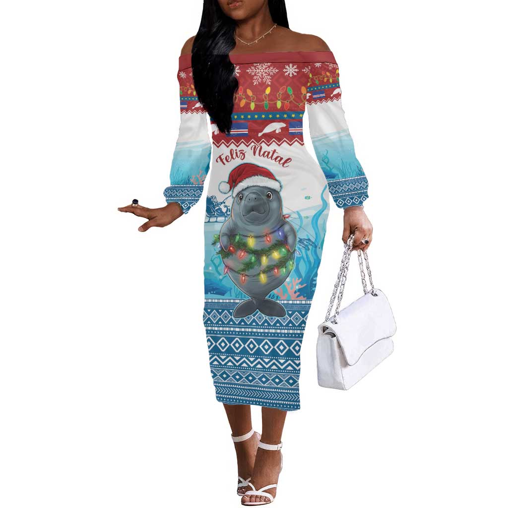 Personalised Cape Verde Christmas Off The Shoulder Long Sleeve Dress Manatee Feliz Natal