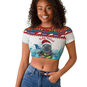 Personalised Cape Verde Christmas Raglan Cropped T shirt Manatee Feliz Natal