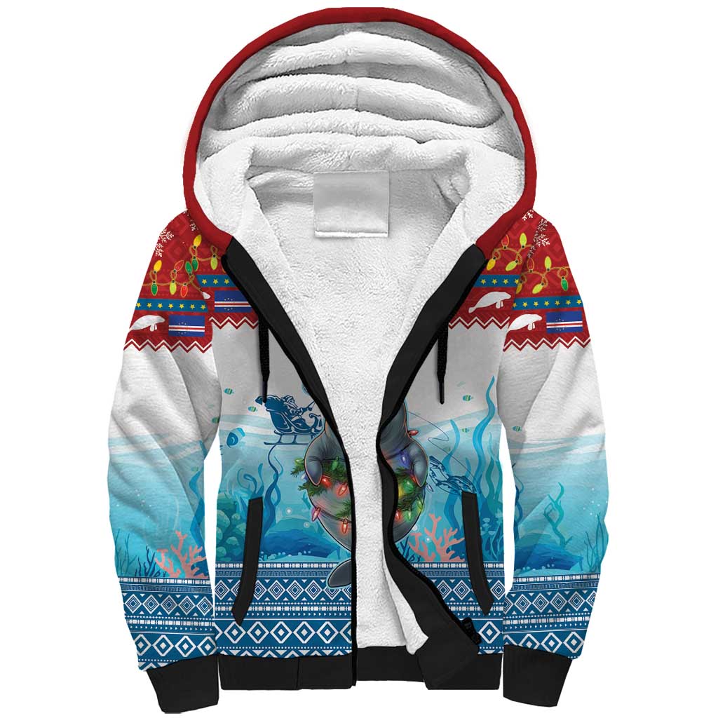 Personalised Cape Verde Christmas Sherpa Hoodie Manatee Feliz Natal