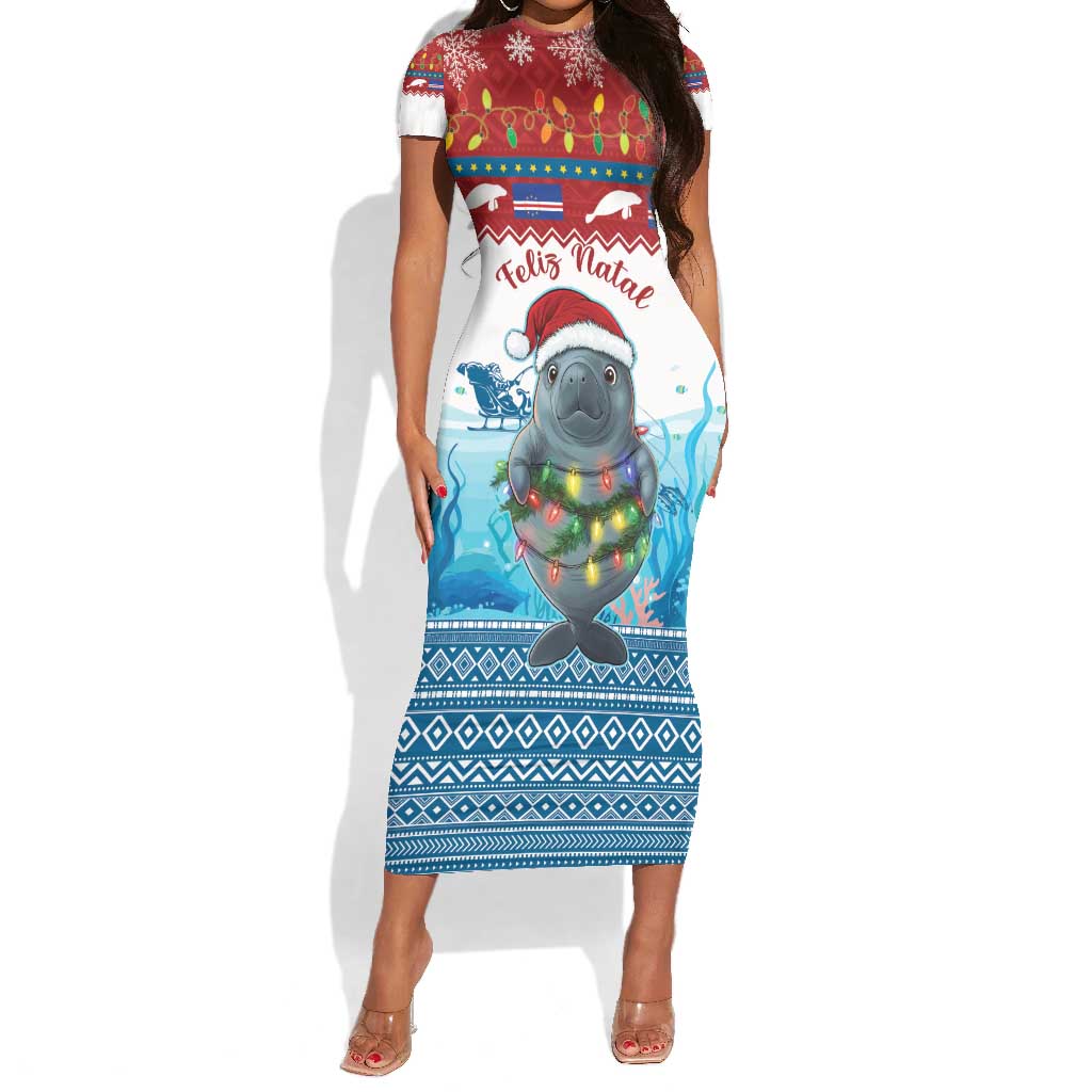 Personalised Cape Verde Christmas Short Sleeve Bodycon Dress Manatee Feliz Natal