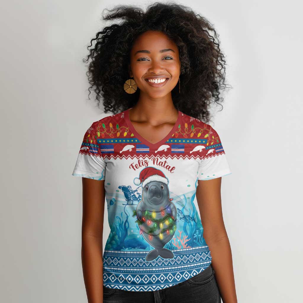 Personalised Cape Verde Christmas Women V-Neck T-Shirt Manatee Feliz Natal