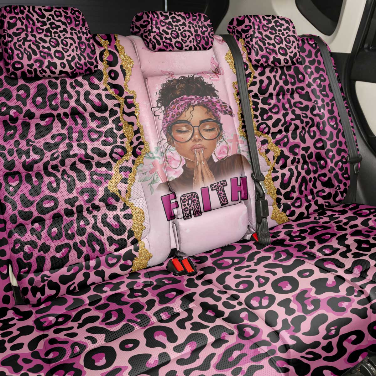 Black Her Story Back Car Seat Cover Faith Pink Leopard - African Pride