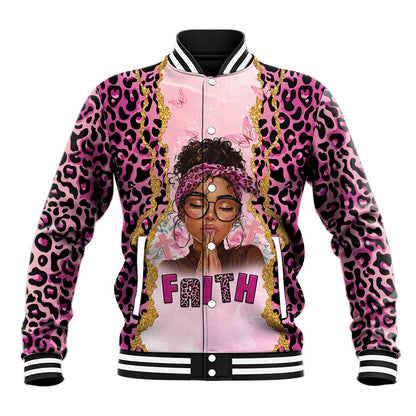 Black Her Story Baseball Jacket Faith Pink Leopard - African Pride