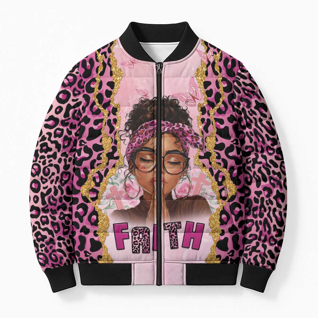 Black Her Story Bomber Puffer Jacket Faith Pink Leopard - African Pride