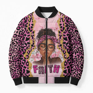 Black Her Story Bomber Puffer Jacket Faith Pink Leopard - African Pride