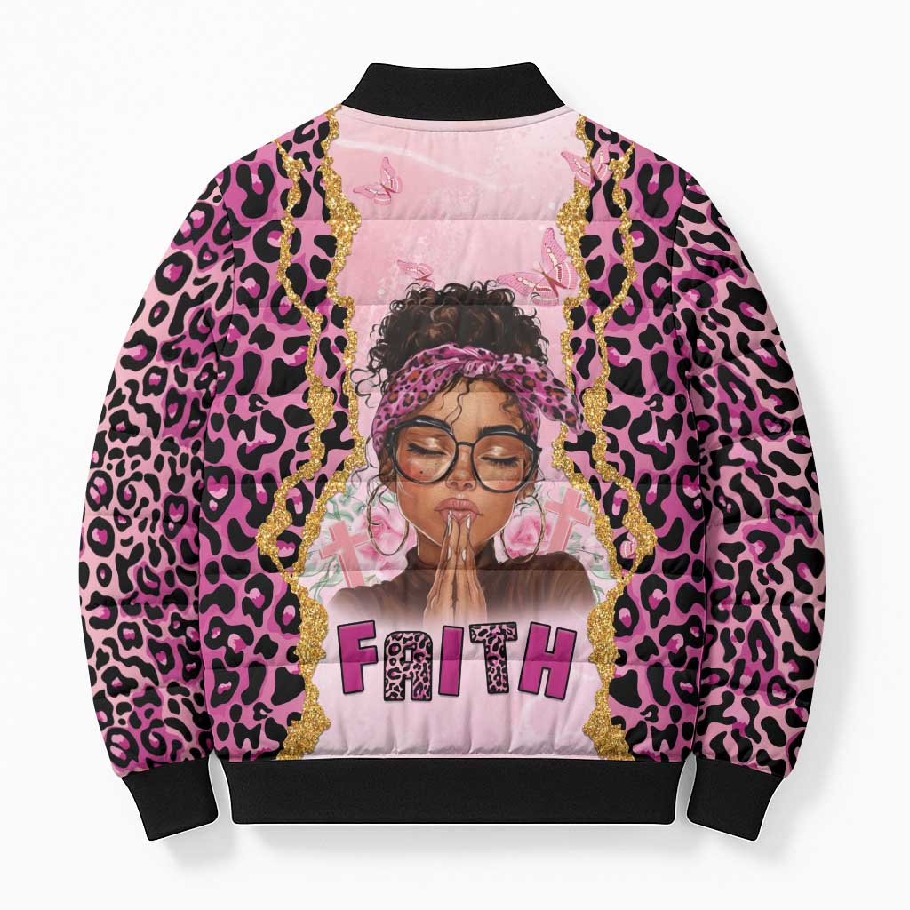 Black Her Story Bomber Puffer Jacket Faith Pink Leopard - African Pride