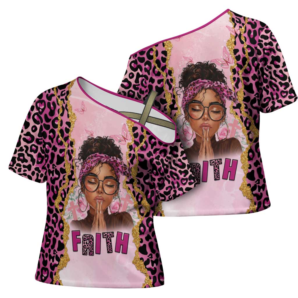 Black Her Story Cross Shoulder Shirt Faith Pink Leopard - African Pride