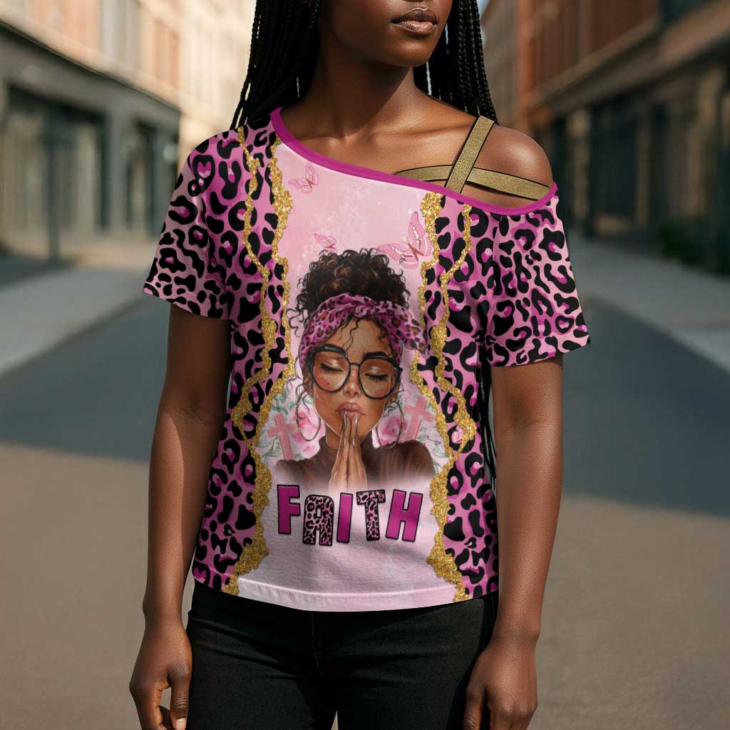 Black Her Story Cross Shoulder Shirt Faith Pink Leopard - African Pride