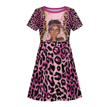 Black Her Story Kid Short Sleeve Dress Faith Pink Leopard - African Pride