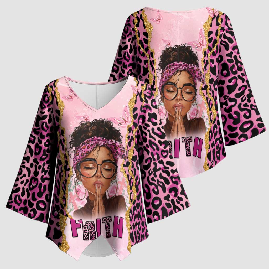 Black Her Story Kimono Sleeve Blouse Faith Pink Leopard - African Pride