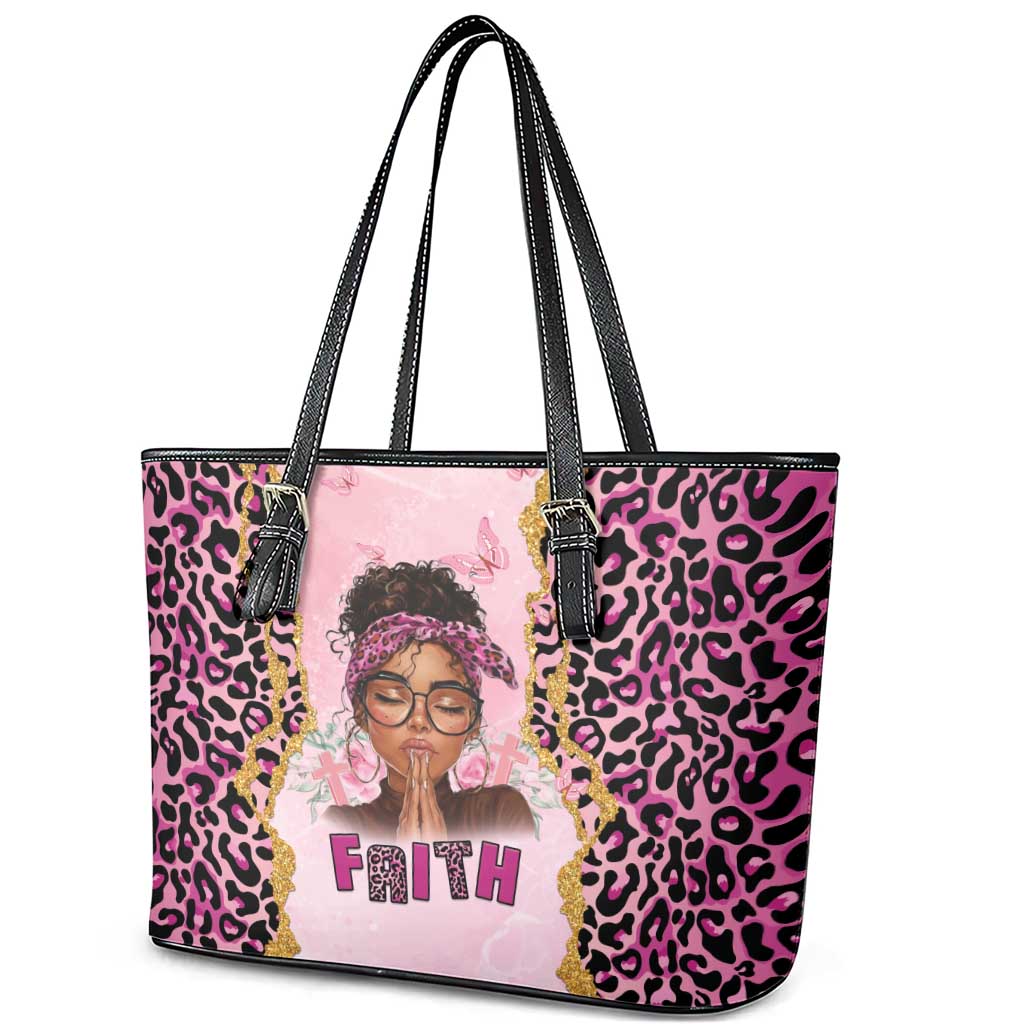Black Her Story Leather Tote Bag Faith Pink Leopard - African Pride
