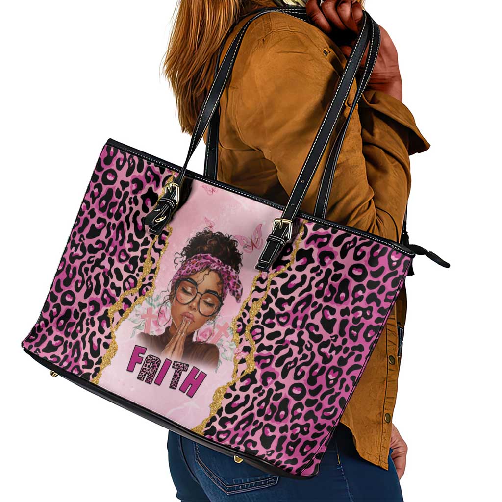 Black Her Story Leather Tote Bag Faith Pink Leopard - African Pride